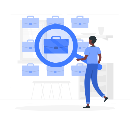 Animated illustration of a person walking toward a magnifying glass focused on a job listing