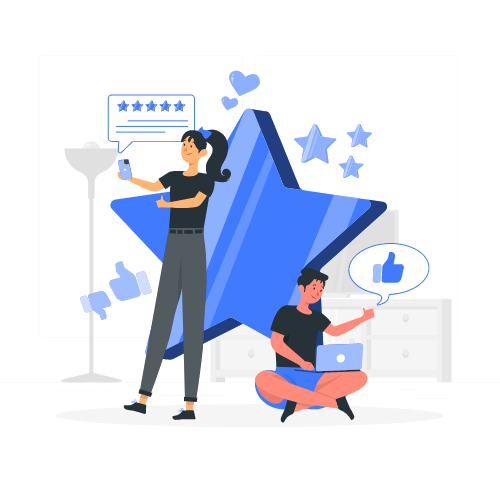 Animated illustration of two people reacting to a star rating and thumbs-up feedback