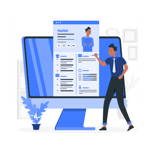 Animated illustration of a person next to a large screen displaying a resume