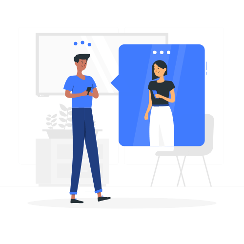 Animated illustration of a person on a video call with another person shown on screen