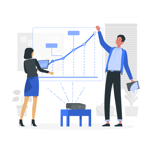 Animated illustration of two people pointing at an upward-trending growth chart