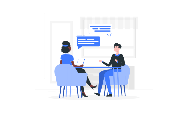 Animated illustration of two people talking across a table, with speech bubbles showing the conversation